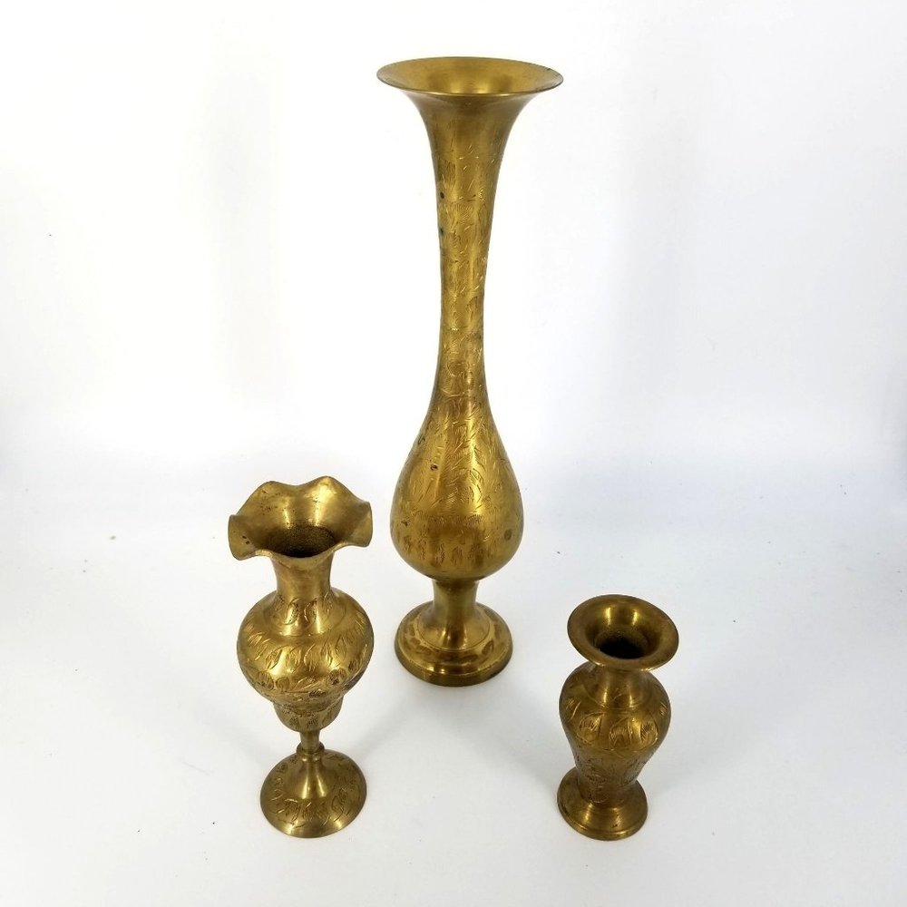 Vintage Brass Vase Flower Floral Three Etched India Home Decor 11.50" to 4.50" - Picture 2 of 11